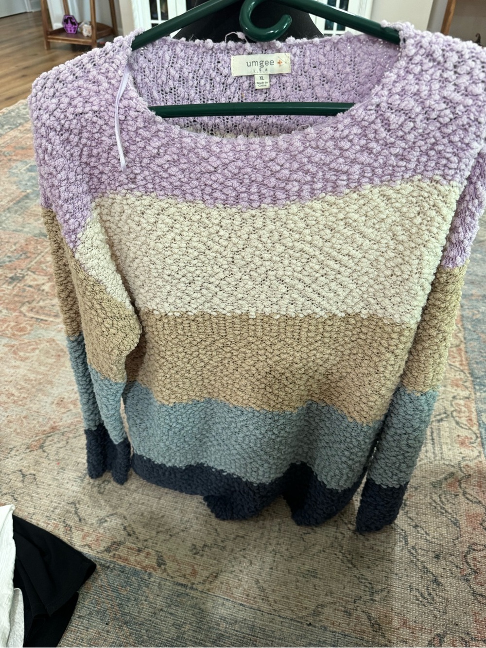 Umgee Striped Popcorn Knit Crew Sweater - Lavender, Cream, Tan, Light Blue, Navy
